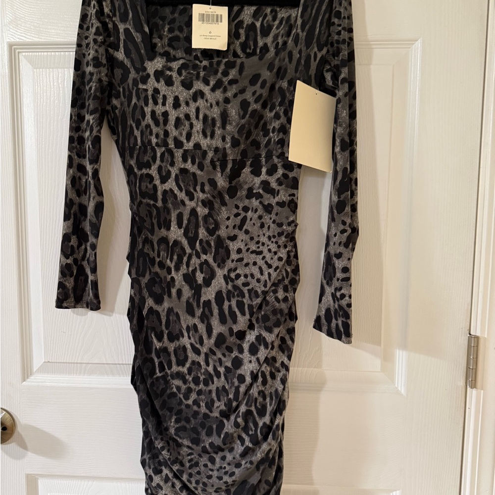 Boston Proper Gray Leopard Print Long Sleeve Dress